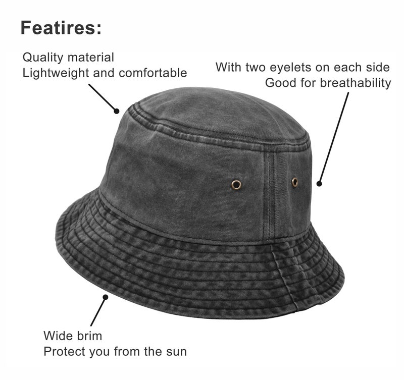 UltraKey Bucket Hat, Wide Brim Washed Denim Cotton Outdoor Sun Hat Flat Top Cap for Fishing Hiking Beach Sports Black - Image 3